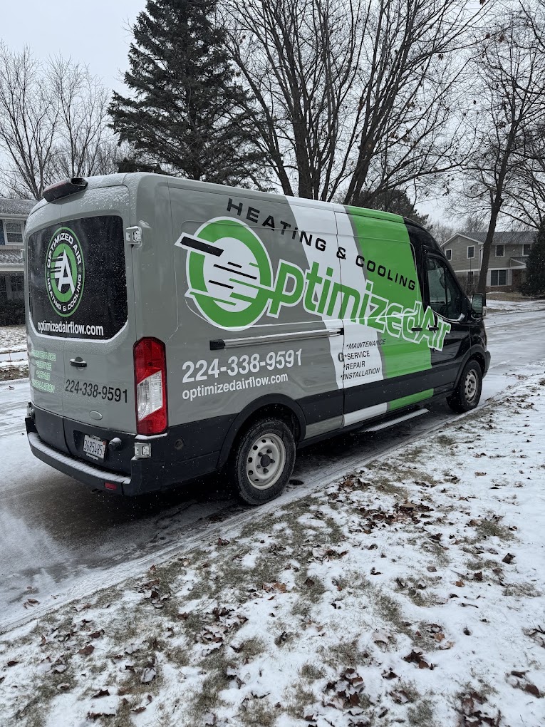 Optimized Air branded service van in a Lake County neighborhood
